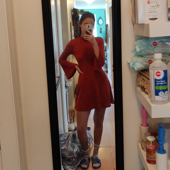 Bell Sleeve Mock Neck Red Dress
